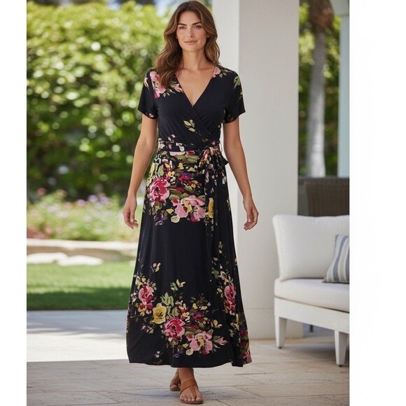 Venus Lascana Dress Medium Floral Handkerchief Hem Tie Waist Tropical Resort - Picture 4 of 11